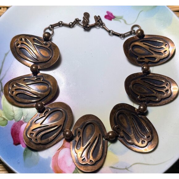 Vintage 60's Modernist Copper Statement Oval Spiral Link Necklace - Picture 14 of 14
